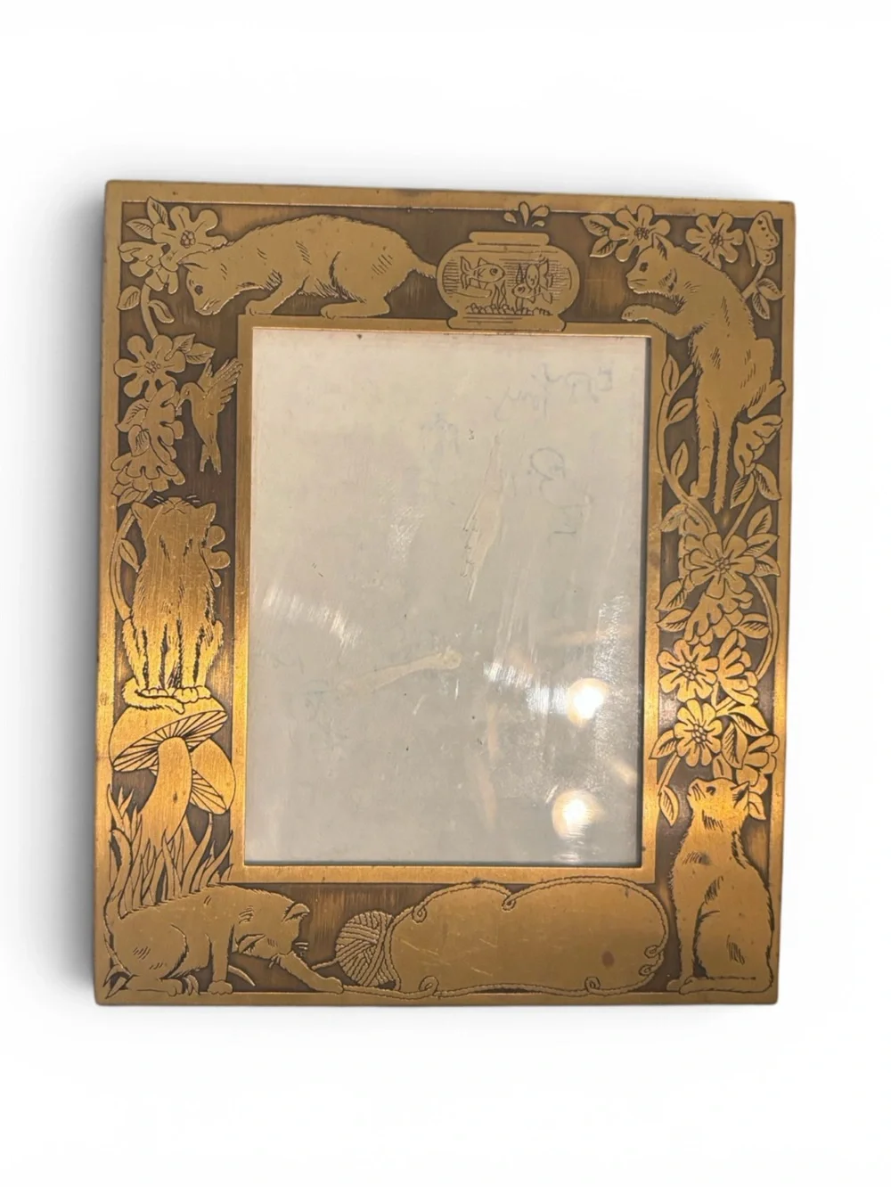 Vintage Brass Cat Art Nouveau Photo Frame MW Carr & Co Embossed 5” x 6” Stamped